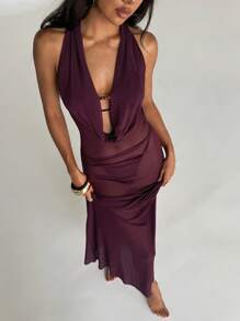 Aloruh 女士节日装 - 纯色深紫色深 V 领露背连衣裙，优雅吊带露背女士沙滩装 - 酒紅色 - 查看 4