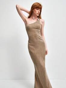 SHEIN LUNE Damen Neu Elegant Hochwertig Design Elastisch Rippstrick Bodycon asymmetrischer Ausschnitt Einschulter Maxikleid