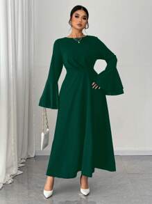 Elenzga プラスサイズ レディース 無地 ラウンドネック フレア袖 エレガントワンピース 秋用 - ダークグリーン - チェックする 5