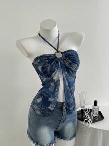 Elamini Women's Casual Blue Cashew Floral Print Halter Neck Camisole For Spring/Summer