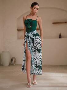 Swim Oasis 2pcs/Set New Elegant Holiday Casual Vacation Bohemian Style Backless Tie Front Spaghetti Strap One-Piece Swimsuit And Random Floral Print Maxi Coverup For Women For Summer - Green - View 7