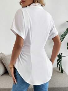 Chiquease 女士优雅通勤休闲日常短袖褶皱白色衬衫 - 白色 - 查看 2
