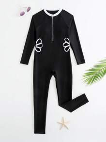 Tween Girls Floral Hollow Out Raglan Long Sleeve One-Piece Swimsuit With Pants - Black - View 1