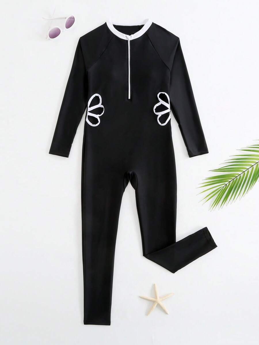 Tween Girls Floral Hollow Out Raglan Long Sleeve One-Piece Swimsuit With Pants - Black - View 1