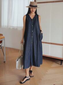 Dazy-Less 复古水洗直筒宽松口袋装饰商务休闲简约女式牛仔连衣裙，夏季 - 深色水洗藍 - 查看 6