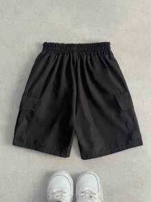 Genkimix Kids 1pc Boys' Black Casual Multi-Pocket Workwear Style Cargo Shorts, Spring/Summer - Black - View 2