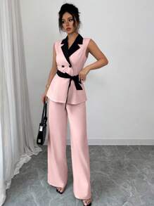 Elenzga Elegant Commuter Chic Sleeveless Contrast Collar Self-Tie Waist Double-Breasted Ladies Straight Pants Suit - Pink - View 6
