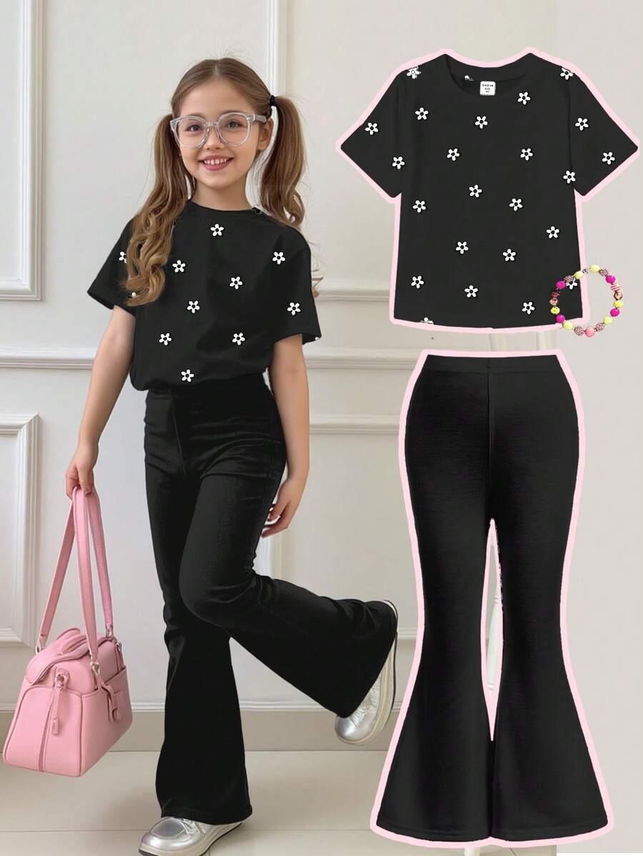 SHEIN Leap Crew Set de 2 piezas de conjunto informal de niña preadolescente con blusa de manga corta minimalista y pantalones, atuendo de verano - Multicolor - Ver 1