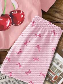 SHEIN Leap Crew 2pcs/Set Girls Casual Simple Cherry Print Short Sleeve Tee & Shorts Set, Suitable For Summer - Multicolor - View 5