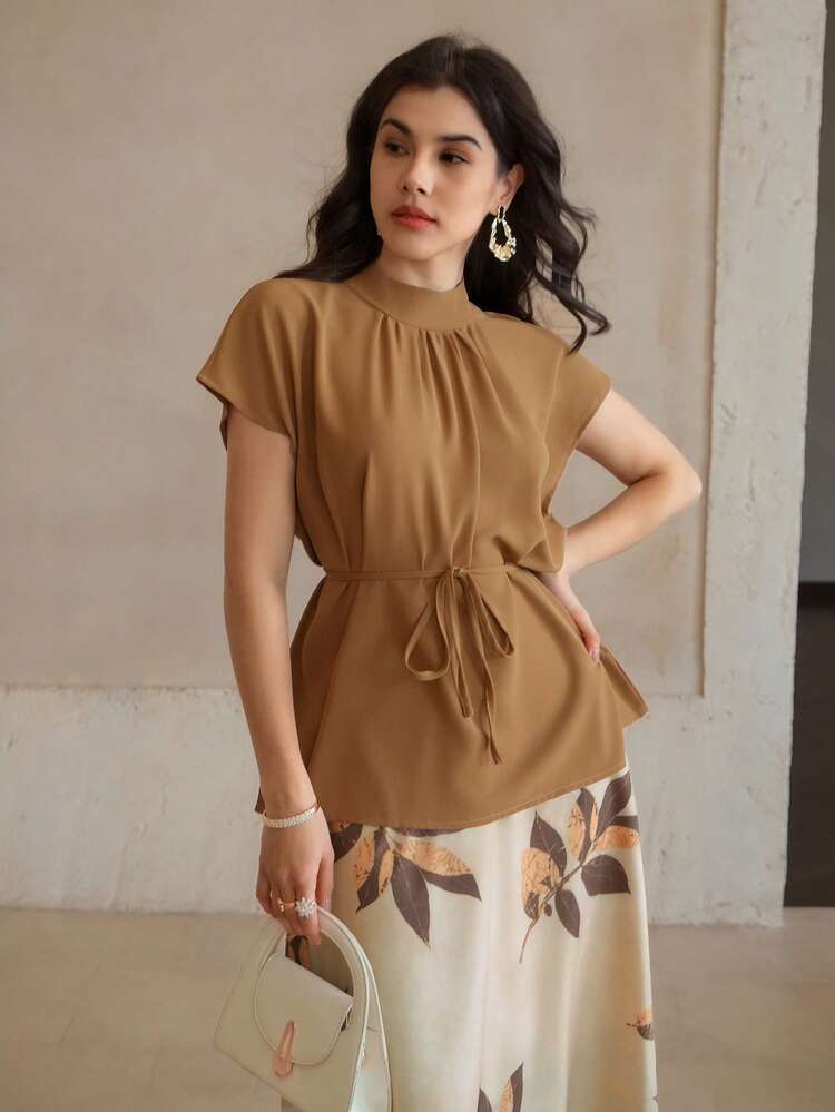 Women 2pcs/Set Solid Color Batwing Sleeve Blouse And Floral Print Skirt