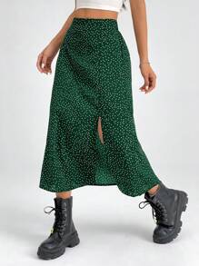 SHEIN PETITE Váy dài vừa phải chấm bi xẻ tà đi nghỉ thường ngày - màu xanh lá - Xem 6