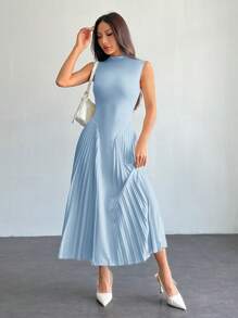 SHEIN PETITE 女士优雅褶皱紧身 A 字形连衣裙 - 淺藍色 - 查看 5