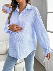SHEIN Maternity Flare Sleeve Striped Long Loose Nursing Blouse - Blue - View 1