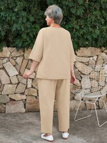 EMERY ROSE 大码度假休闲纯色衬衫和裤子两件套 - 杏色 - 查看 2