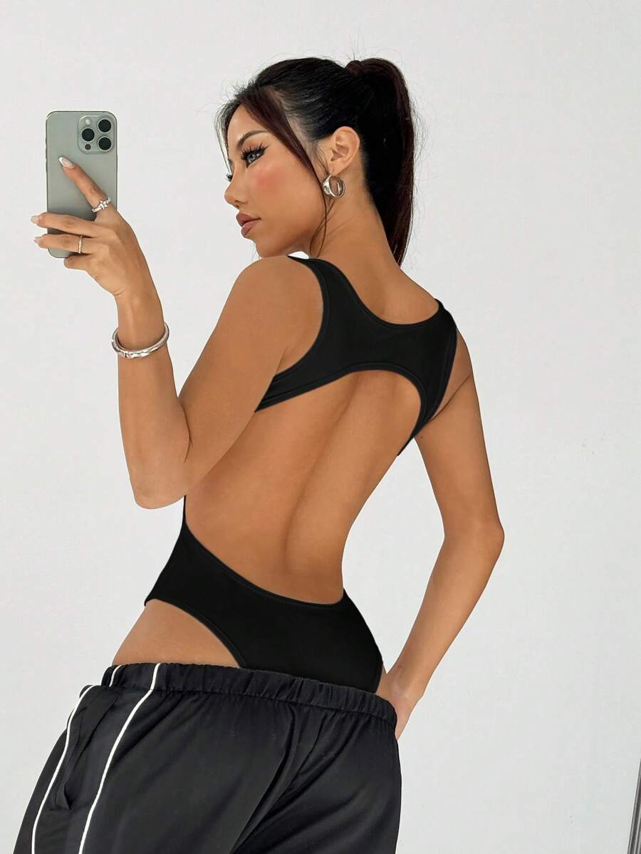 SHEIN EZwear Women's Black Knitted Bodysuit: Long Sleeve, Round Neck, And Cut Out Design For A Stylish Look - Black - View 1