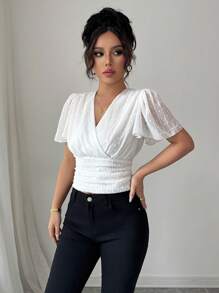 Elenzga Women's Spring Summer New Chiffon Jacquard Waist Gathered Vacation Blouse - White - View 3