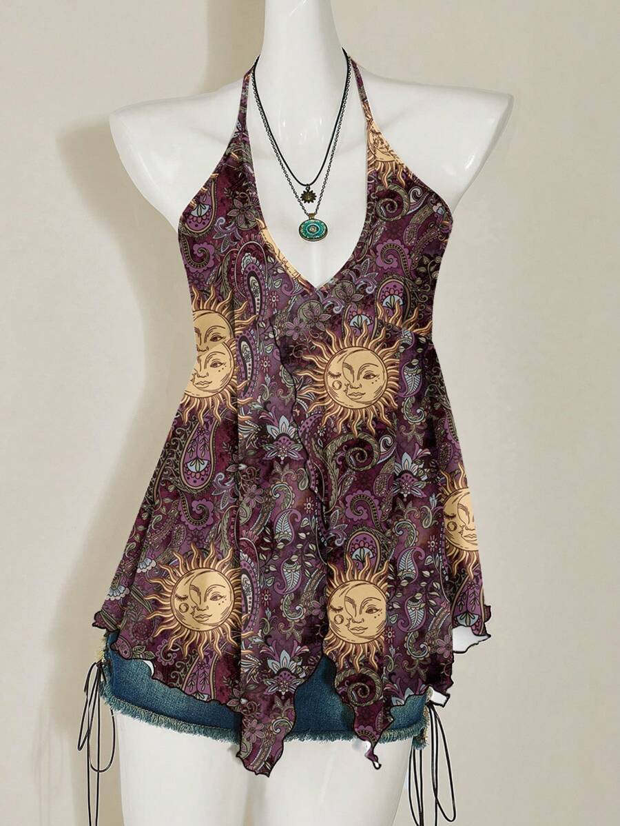 SHEIN ICON 女式无袖上衣，带有太阳神印花，休闲不对称下摆 V 领露背吊带结简约女式背心，太阳神印花，佩斯利印花，适合夏季、音乐节、Y2K - 彩色 - 查看 1