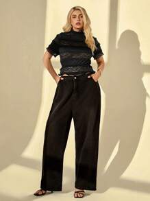 Auralis 大码夏季 Y2k 上衣生日音乐会女式早午餐 Fairycore 纯色蕾丝短袖上衣、黑色蕾丝透视上衣、外出上衣、蕾丝上衣， - 黑色 - 查看 5