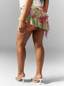 MISSGUIDED 热带天堂花卉印花荷叶边迷你裙分层网眼海滩度假夏日派对节日夏威夷沙滩装春假舞会 - 彩色 - 查看 2