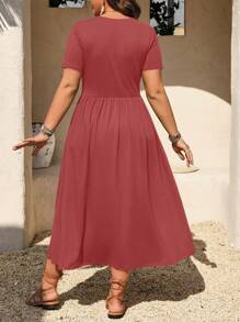 Elenzga Đầm dệt kim tay ngắn thiết kế cổ chữ V giản dị thanh lịch cỡ lớn dành cho nữ, hàng mới về - Gỗ đỏ - Xem 2