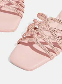 CUCCOO TILAWA Women's Fashion Pink Rhinestone Woven Combination Luxury Square Toe Flat Sandals, Suitable For Commute, Dating, Outing & Home Wear - Coral Pink - View 5