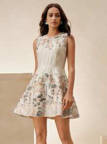 Anewsta Váy midi chữ A không tay họa tiết hoa, thanh lịch cho lễ hội, ngày lễ, ngày lễ tình nhân, kỳ nghỉ hè, mặc trong những dịp đặc biệt - Xám - Xem 4