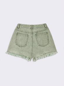 SHEIN EZwear 女式口袋做旧下摆休闲百搭牛仔短裤 - 綠色 - 查看 2