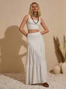 Bóhologie Conjunto de top y falda de 2 piezas casual y elegante para damas, con aplicación de bordado de ojales, color blanco
