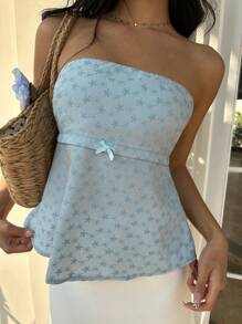 SHEIN PETITE Women's Vacation Embroidered Bowknot Backless Tie Camisole Top - Baby Blue - View 6