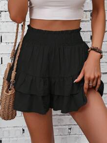 SHEIN Tall High Waist Frill Trim Double Layer Shorts Skirt, Vacation Casual - Black - View 3
