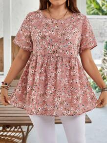 EMERY ROSE Plus Size Floral Print Round Neck Short Sleeve Casual Dressy Shirt, Suitable For Summer - Multicolor - View 2