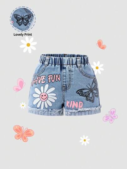 SHEIN Shorts en jean décontractés pour jeunes filles en vacances, mode urbaine d'été. Shorts en jean amples à taille élastique, avec poches, ourlet effiloché, imprimé anglais doux avec nœud papillon et tournesol rose. Idéal pour l'école, le campus, l'université.