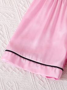 3pcs/Set Baby Girl Elegant Plain Pink Woven Collared Short Sleeve Top With Contrast Trim, Paired With Contrast Trim Pants & Shorts, Smooth & Comfortable Lounge Wear Set - Dusty Pink - View 6