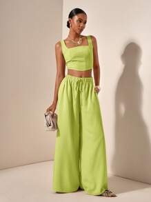 Zivah Bộ 2 món áo dây xương cá giản dị cho kỳ nghỉ xuân/hè mới và quần ống rộng có túi - B, vải có họa tiết - màu xanh lá - Xem 5