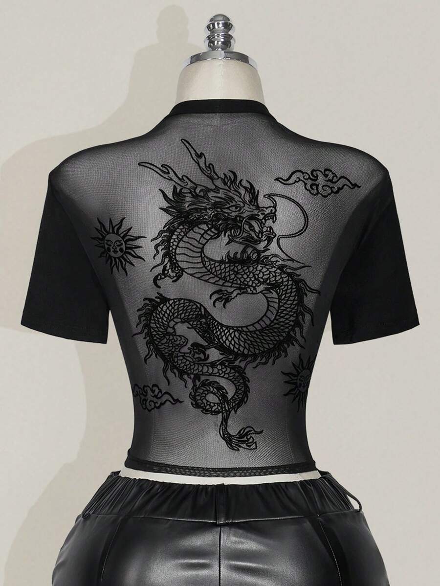 SHEIN ICON Plus Size Women Solid Color Short Sleeve Chinese Dragon Net Mesh Backless Y2K Going Out Fall Graphics Woman Black T-Shirt Goth Goth - Black - View 1