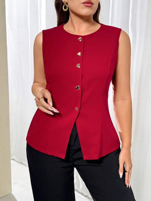 Firerie Women Elegant Heart Shaped Red Formal Vest With Metal Decor, Lightweight Summer New Arrival Office Blazer, Graduation