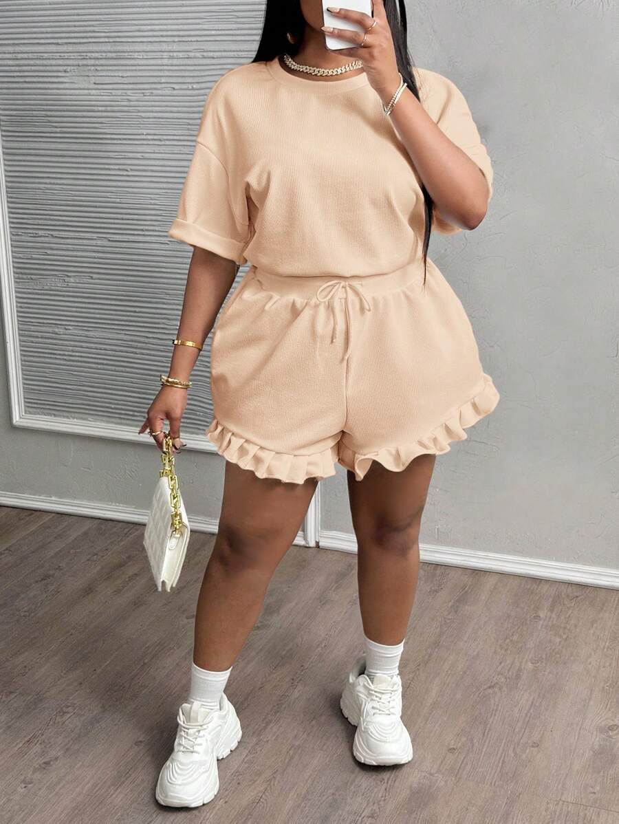Slaydiva Bộ 2 món dành cho nữ cỡ lớn, kiểu dáng thể thao thường ngày, áo thun ngắn tay màu trắng trơn và quần short xếp ly, chất liệu vải có họa tiết, thích hợp cho mùa hè. - Màu Khaki - Xem 1