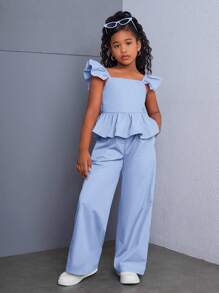 SHEIN Tween Girl 优雅编织纯色盖袖衬衫和长裤套装，休闲装 - 藍色 - 查看 4