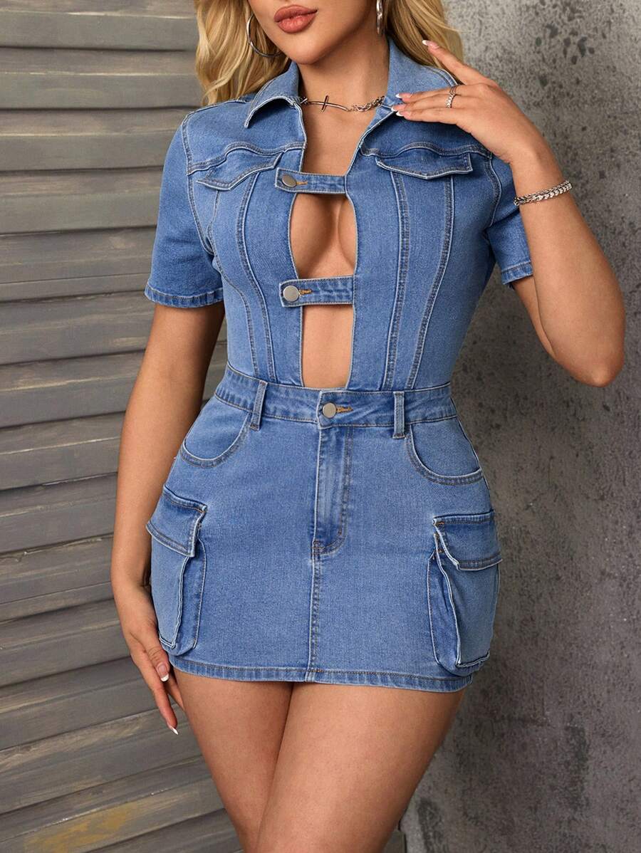 SHEIN SXY 夏季新款牛仔迷你洋裝，彈性修身貼身裙，附口袋，時尚性感可愛設計 - 藍色 - 查看 1