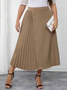 Modelyn Plus Size Casual & Office Wear Solid Color Pleated Patchwork A-Line Skirt - Khaki - View 6