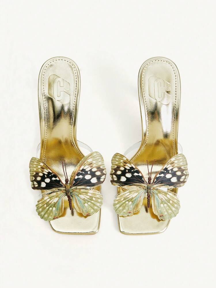 CUCCOO CHICEST Women's Clear PVC Butterfly Decor Open Toe Transparent High Heel Slide Sandals, Square Toe Gold
