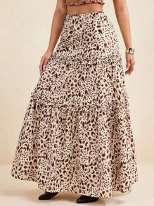 LUNA B Leopard Print Elastic Waist Ruffle Layered A Line Maxi Skirt For Summer Vacation Skirt Women Summer Set Women 2 Pieces - Multicolor - View 7