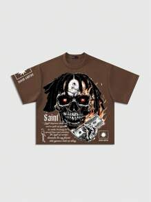 ROMWE MEN Grunge Punk Men's Oversized Print T-Shirt, Relaxed Dropped Shoulder Short Style, Retro Street - Brown - View 1