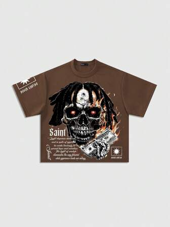 Grunge Punk Camiseta suelta con estampado para hombre, estilo corto de hombros caídos relajados, estilo retro callejero