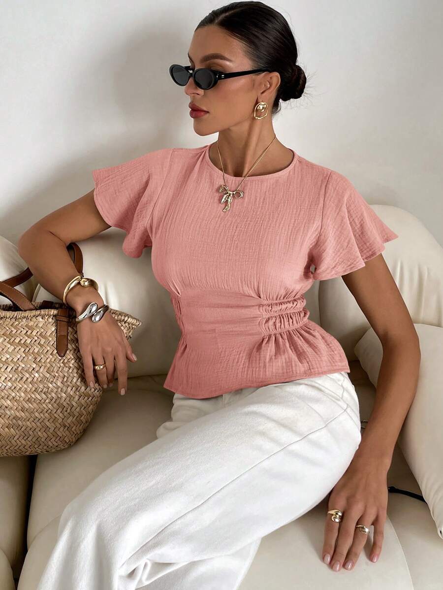 SHEIN Frenchy Blusa elegante de manga corta con ruedo con volantes de unicolor para mujer, verano - Rosa - Ver 1