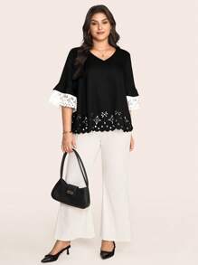 SHEIN LUNE Plus Size Summer Casual Black & White Contrast Hollow Out Blouse Country Concert Graduation Summer Brunch Mother's Day Church - Black and White - View 4