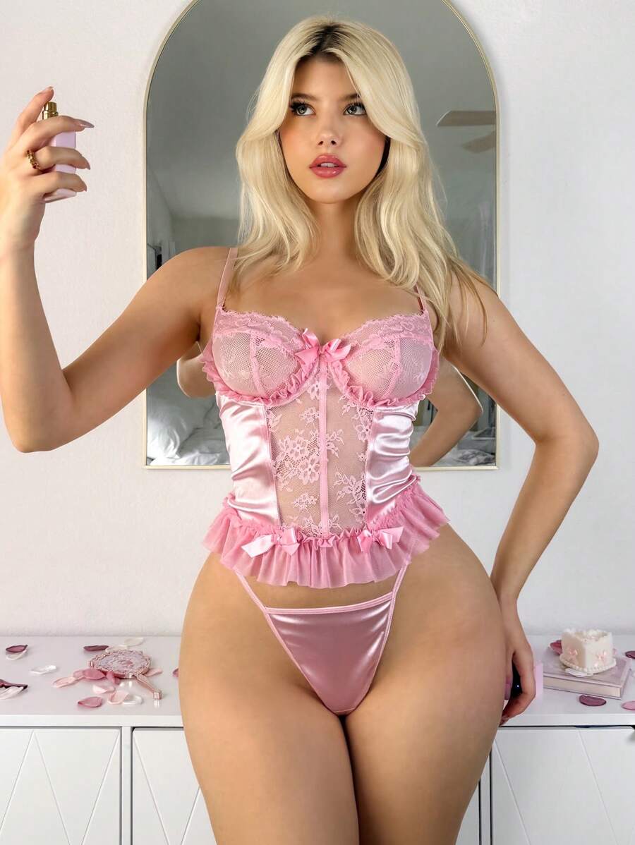 PetitDoll 2pcs/Set Sexy Pink Ruffled Bowknot Lingerie Set UnderwearOuter - Pink - View 1