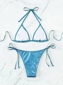 Swim Vcay Metallic Bikini Swimsuit For Summer Beach Vacation - Blue - View 2