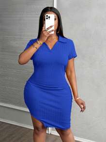 Slaydiva Plus Size Women V-Neck Polo Collar Red Mini Bodycon Dress With Side Slit, Casual, Elegant, Sexy,Summer Outfits For Women,Sun Dresses For Women - Blue - View 6