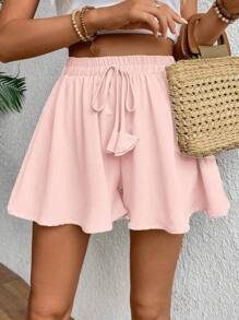 Calvaya Pantalones cortos informales sueltos con nudo retorcido de color liso, apropiados para el verano
